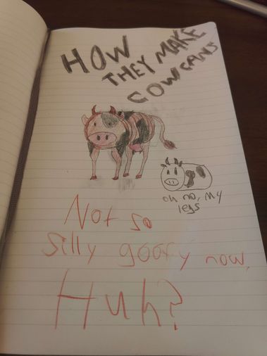 a joke drawing of a cow made into a can